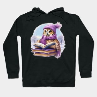 Cute owl Read A Book wearing a  purple hat and scarf Hoodie